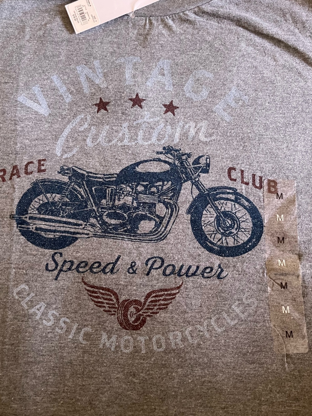 Vintage Custom Motorcycle Graphic Tee - Gray with Navy & Maroon Print